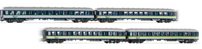 PIKO 58335A, 58335B, 58335C, 58335D 4-piece set of "IntEgro" commuter cars, Era VI.