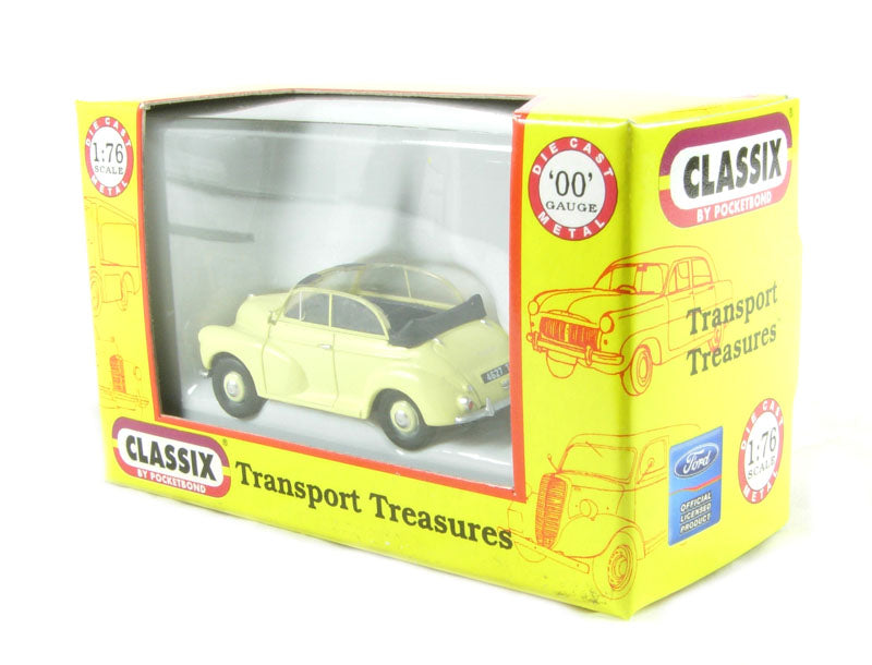 Pocketbond "Classix" EM76835 Morris Minor Convertible in "Primrose Yellow" with hood down. OO Gauge (1:76 Scale)
