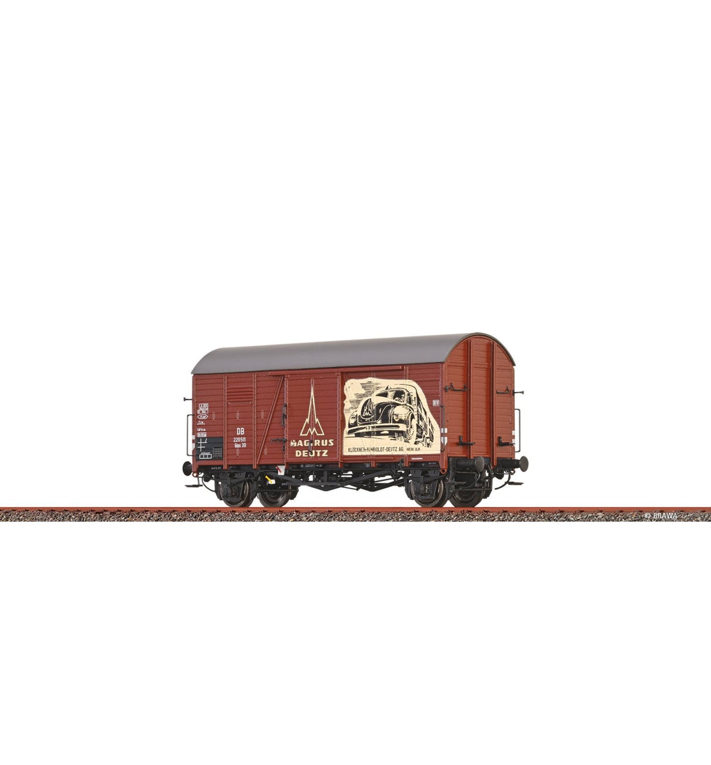 BRAWA Article #47983 HO Scale Covered Freight Wagon Oppeln "Magirus" DB, epoch III