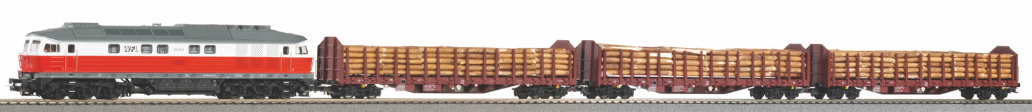 Piko Part #58117 H0 Gauge Train Set BR 232 with sound of the WFL with three loaded wood transport wagons, Epoch VI
