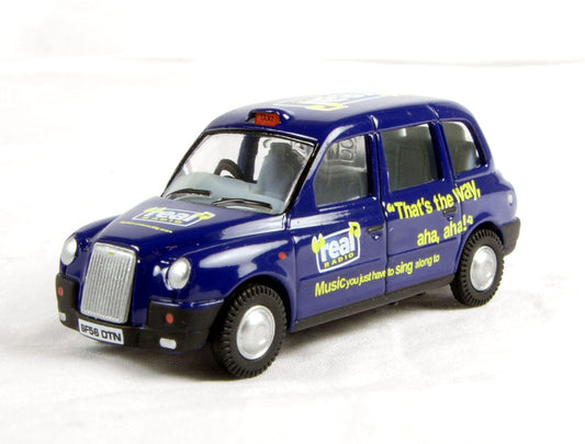 Oxford Diecast 76TX4003 TX4 Taxi in "Real Radio" livery. OO Gauge (1:76)