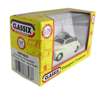 Pocketbond "Classix" EM76823 Morris Minor Convertible with top down in Cream. OO Gauge (1:76 Scale)