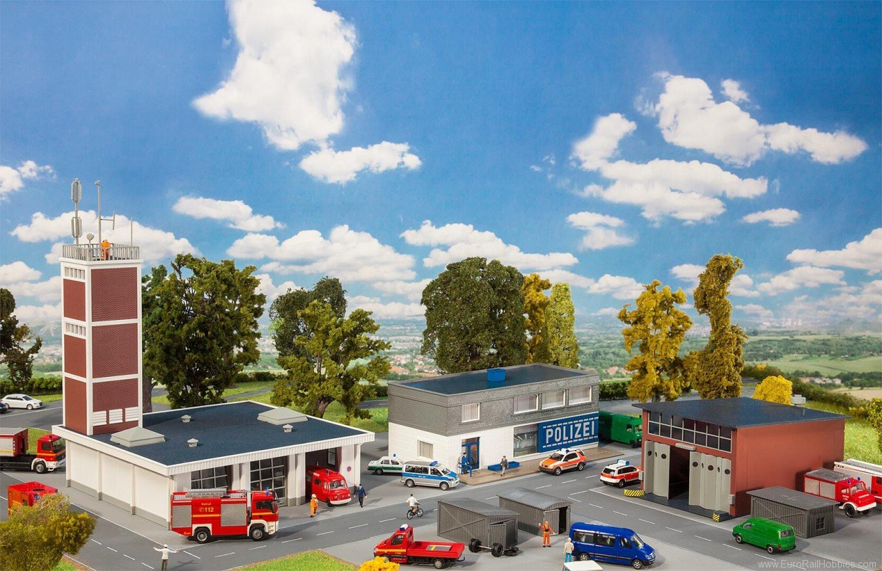 Faller 190083 H0 Scale Action Set Emergency Forces Includes fire brigade, police service, repair hall and three sheds.