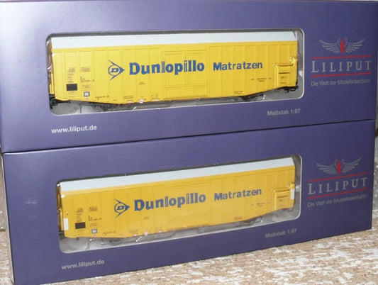 Liliput L230160 Gauge H0 Gauge 2 piece set of large freight wagons, Hbbks "Dunlopillo" of the DB, era IV
